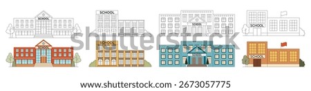 Set of School buildings. Various school buildings. Black and white outline and color vector illustrations of school exterior. Educational icons, logos