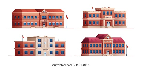 Conjunto de edificios escolares. Ilustración de dibujos animados de Vector aislado sobre fondo blanco