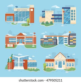 Set of school buildings vector illustrations. Flat design. Architectural variations. Public educational institution. Various modern projects of educational establishments. School facades and yards