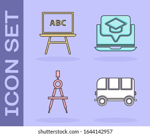 Set School Bus, Chalkboard, Drawing compass and Graduation cap on screen laptop icon. Vector