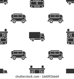 Set School Bus, Delivery cargo truck vehicle and Retro minivan on seamless pattern. Vector