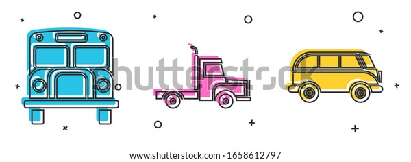 Set School Bus, Delivery cargo truck vehicle and\
Retro minivan icon. Vector