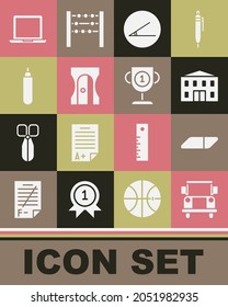 Set School Bus, Eraser or rubber, building, Acute angle, Pencil sharpener, Marker, Laptop and Award cup icon. Vector