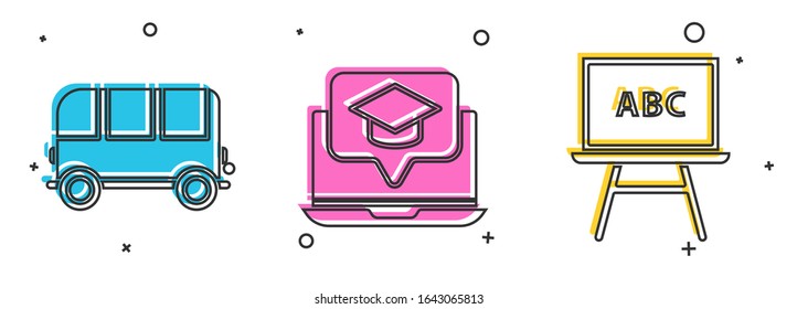 Set School Bus, Graduation cap on screen laptop and Chalkboard icon. Vector
