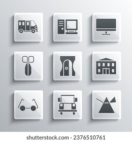 Set School Bus, Light rays in prism, building, Pencil sharpener, Glasses, Scissors,  and Computer monitor screen icon. Vector