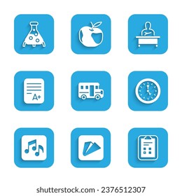 Set School Bus, Paper airplane, Exam sheet with check mark, Clock, Music note, tone, A plus grade, Schoolboy sitting at desk and Test tube and flask icon. Vector