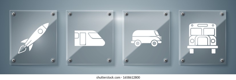 Set School Bus, Retro minivan, Train and Rocket ship with fire. Square glass panels. Vector