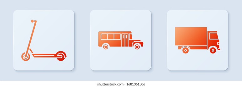 Set School Bus, Scooter and Delivery cargo truck vehicle. White square button. Vector