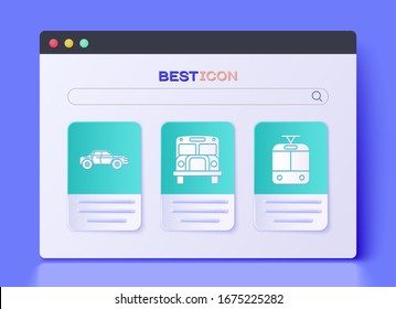 Set School Bus, Sedan car and Tram and railway icon. Vector