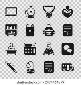 Set School Bus, Speech bubble chat, Exam paper with incorrect answers, Medal, backpack, Shelf books, Laptop and  icon. Vector