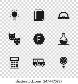 Set School Bus, Test tube, Unknown search, Exam paper with incorrect answers, Protractor grid, Creative lamp light idea, File document and Comedy and tragedy masks icon. Vector