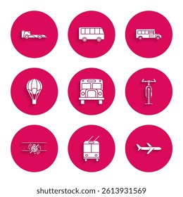 Set School Bus, Trolleybus, Plane, Bicycle, Old retro vintage plane, Hot air balloon,  and Formula race car icon. Vector
