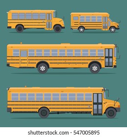 Set school buses in flat style.Side view.