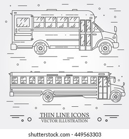 Set of school buses illustrated on white. For back to school web design and application interface, also useful for infographics. Vector dark grey.