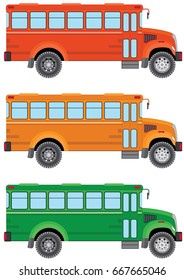Set of school buses of red, yellow green color