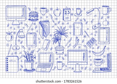 Se establece con artículos escolares y de negocios. Plantilla para postales, banner, afiche, diseño de páginas web. Ilustración vectorial dibujada a mano.