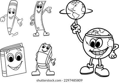Set von Schule Cartoon Zeichen für Färben. Vektorgrafik von Globe, Bleistift, Lineal, Buch und Radiergummi