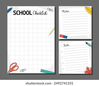 Set of School checklist, note, memo. Vector illustration for agenda, planners, notebooks, cards and other stationery. Layout in A5.