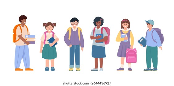 Set of school children with books and school bags. Smiling pupils and teenage boys and girls, classmates or friends on white background. Vector illustration.