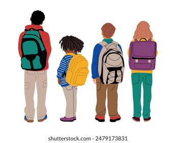 Set of school children, boys, girl going to elementary, primary school vector illustration isolated on white background. Happy pupils walking with backpacks rear view. Back to school concept.