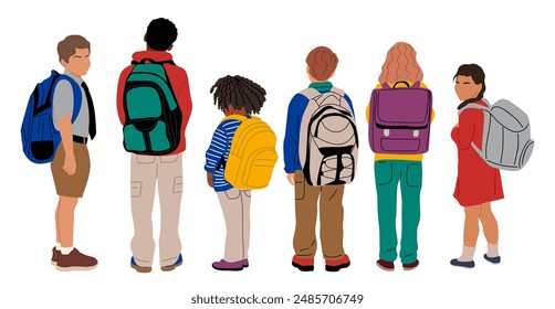 Set of school children, boys, girl going to elementary, primary school vector illustration isolated on white background. Happy pupils walking with backpacks rear view. Back to school concept.