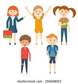 Set of school children in flat style. Children characters in cartoon style