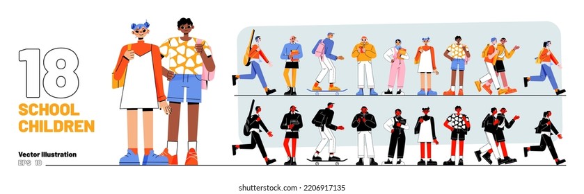 Conjunto de escolares, estudiantes, muchachas y muchachos multiculturales con mochilas que sostienen libros y teléfonos inteligentes. Felices personajes adolescentes en ropa informal, ilustración lineal de vector plana