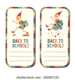 Set of school children's labels with the fairytale boy with place for text. Hand drawn vector illustration.