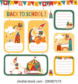 Set of school children's stickers and labels with houses and the fairytale boy with place for text. Hand drawn vector illustration.