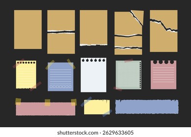 Set of school children's torn notes, scrapbook paper sheets in a square and a ruler, Vector illustration of pieces of paper for collage.