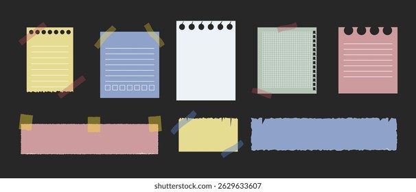 Set of school children's torn notes, scrapbook paper sheets in a square and a ruler, Vector illustration of pieces of paper for collage.