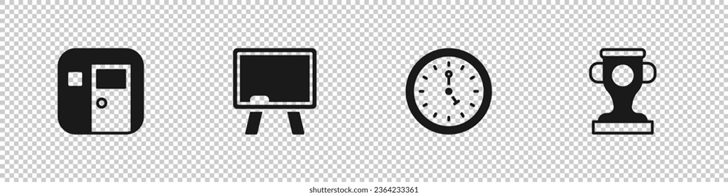 Icono de aula escolar, pizarra, reloj y copa de premio. Vector