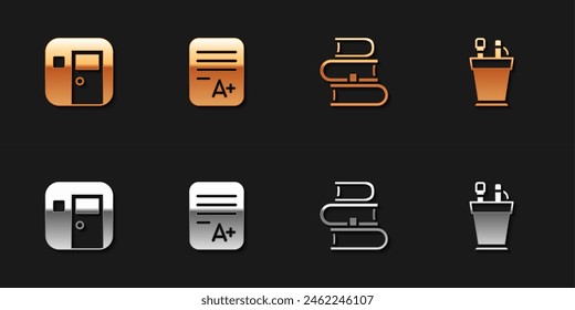 Set School classroom, Exam sheet with A plus grade, Book and Pencil case stationery icon. Vector