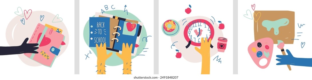 set of school cliparts. Back to school concept. hands of different skin colors holding school suplies. notebooks and diaries, an alarm clock, paints and a brush