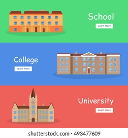 Set of school, college and university banners. Brown building with brown roof. Three-storey building. Building icon. Simple drawing. Vector illustration in flat. Education banner set