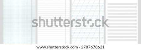 Set of school copybook sheets. Line, squared paper, diagonal oblique line. Blank sheet for music. Papers for notes, study, education. 