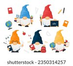 Set of school cute gnomes with colorful hats. Education characters with school supplies