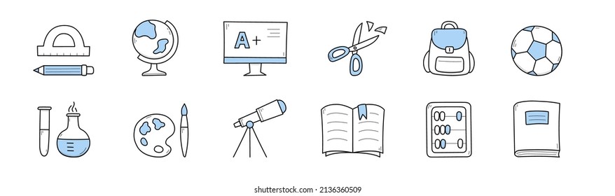 Set school doodle icons protractor, pencil, globe, excellent test result on pc. Scissors, backpack, soccer ball and chemical beakers, paints, telescope, textbook, abacus Line art vector illustration