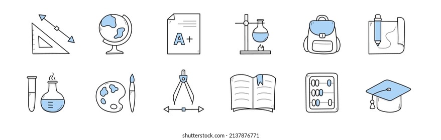 Set school doodle icons protractor, globe, excellent test result. Pencil, backpack and chemical beakers, paints, palette, academic cap, compass, textbook and abacus, Line art vector education signs