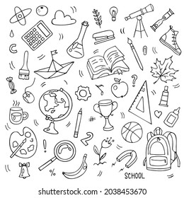 Set of school doodle illustrations. Hand drawn sketched elements.
