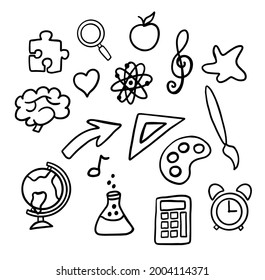 Set of school doodle vector illustration with black line design suitable for background. School doodle element. A set of separate elements in the style of doodle. School subjects and other objects 