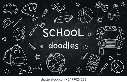 Set of School Doodles, Back to School, Collection of Hand Drawn Icons, White, School, Line Art Concept, Blackboard, Outline, Sketch, Vector Illustration