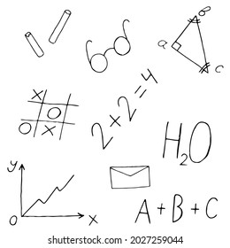 set of school doodles, doodles, formulas, tic-tac-toe chart, envelope, chalk, vector illustration in doodle style with black outline