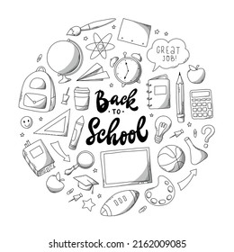 set of school doodles and lettering quote isolated on white background. Good for posters, cards, prints, stickers, clipart, stationary, coloring pages, etc. EPS 10