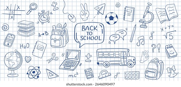 set School doodles on notebook sheet. collection Back to school. School supplies and elements are drawn on a notebook page. Hand-drawn vector illustrations. outline ornament