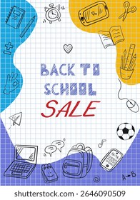 set School doodles on notebook sheet. collection Back to school. School supplies and elements are drawn on a notebook page. Hand-drawn vector illustrations. outline ornament