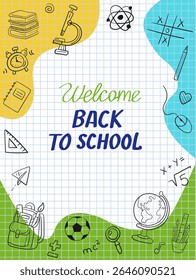 set School doodles on notebook sheet. collection Back to school. School supplies and elements are drawn on a notebook page. Hand-drawn vector illustrations. outline ornament