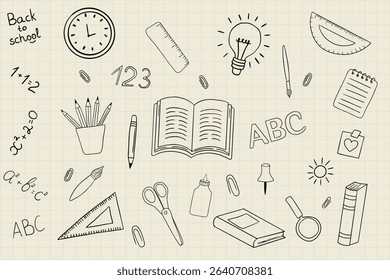 Set of school doodles with stationery and math symbols. Ideal for creative educational visuals.Vector illustration.  Includes ABC, pencils, books, and formulas. Great for kids’ education materials