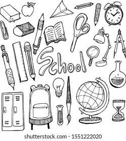Set of School Drawing illustration Hand drawn doodle Sketch line vector
