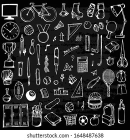 Conjunto de ilustraciones de dibujo de escuela Dibujo dibujado a mano Dibujo de dibujo de dibujo de la línea vector de la pizarra